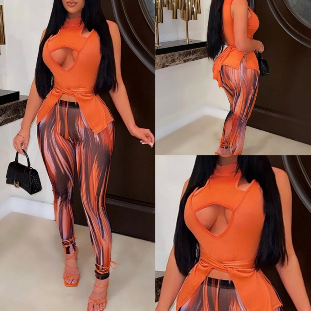 NWT Orange Sleeveless Hollow Out Slit Print 2PC Leggings Set